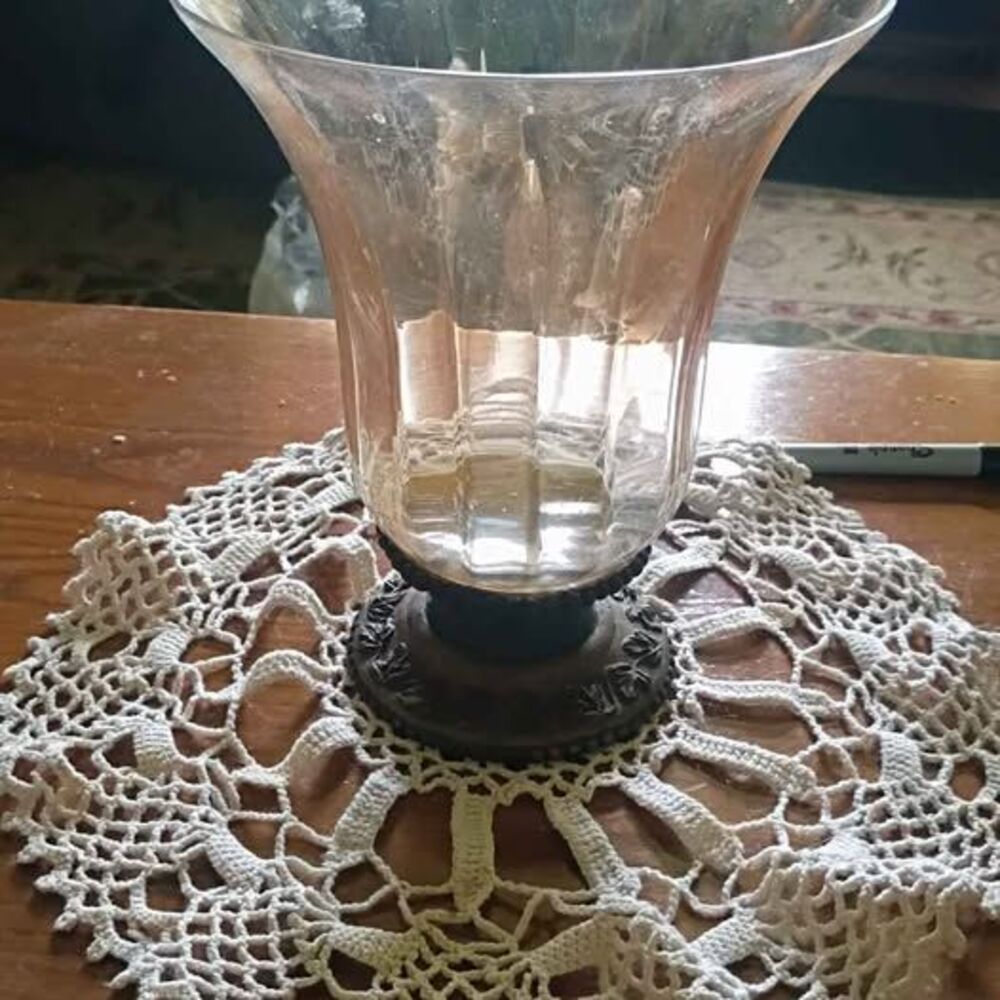 Glass Hurricane Vase with Metal Base